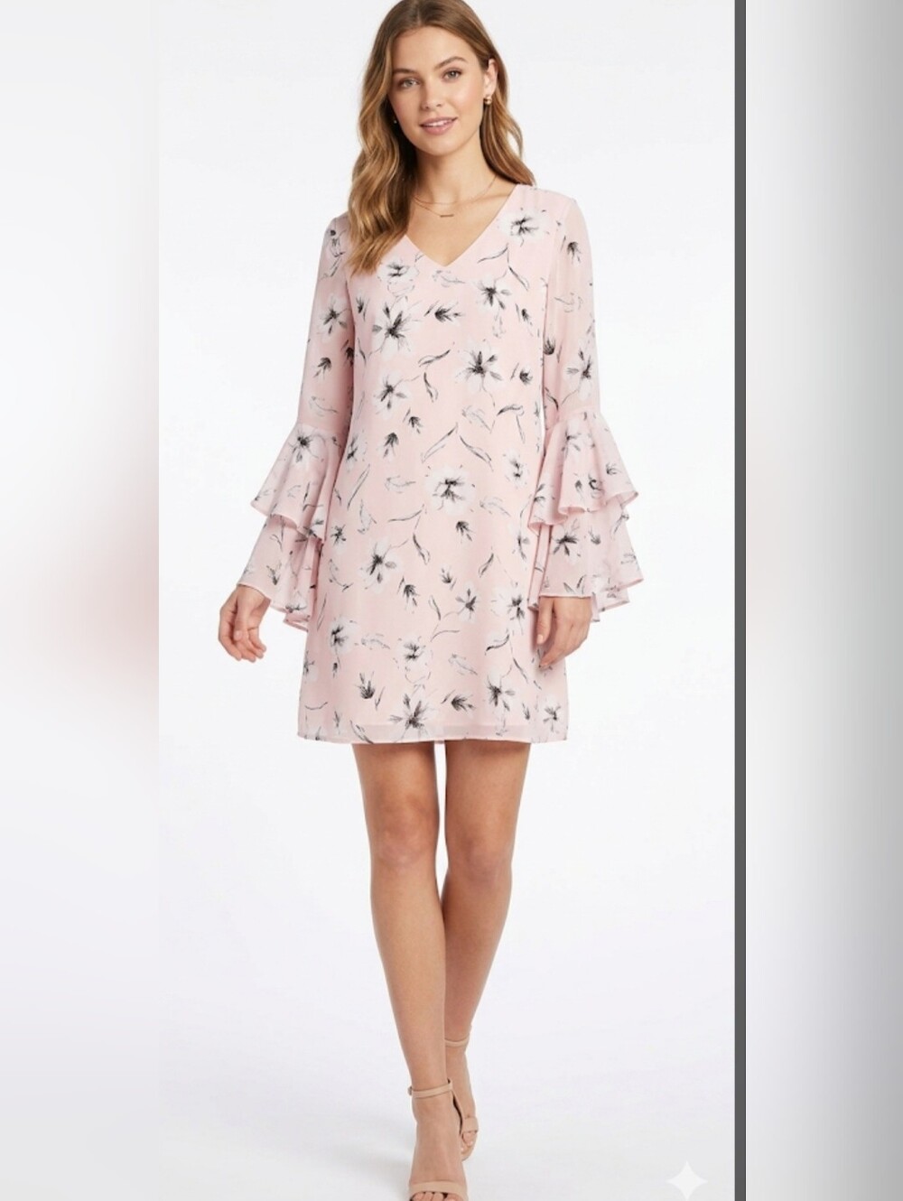 Kensie Women Pink Floral Dress, Bell Asimetric Sleeve, Size 6.